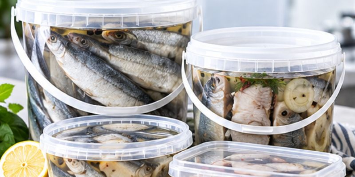 Упаковка для рыбной продукции: вёдра под сельдь, баночки под пресервы и икру